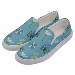 Butterflies Flowers Blue Background Spring Pattern Men s Canvas Slip Ons