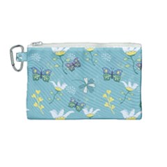 Butterflies Flowers Blue Background Spring Pattern Canvas Cosmetic Bag (medium)