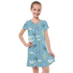 Butterflies Flowers Blue Background Spring Pattern Kids  Cross Web Dress