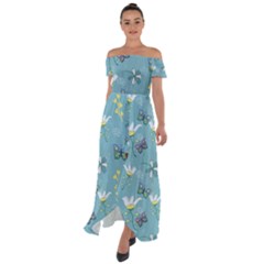 Butterflies Flowers Blue Background Spring Pattern Off Shoulder Open Front Chiffon Dress