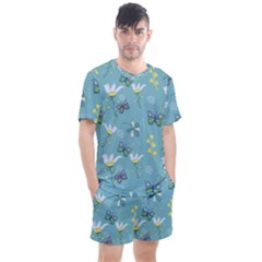 Butterflies Flowers Blue Background Spring Pattern Men s Mesh Tee And Shorts Set