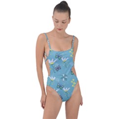 Butterflies Flowers Blue Background Spring Pattern Tie Strap One Piece Swimsuit by Ravend