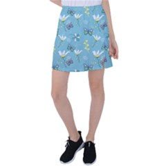 Butterflies Flowers Blue Background Spring Pattern Tennis Skirt