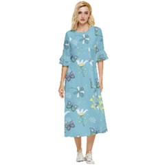 Butterflies Flowers Blue Background Spring Pattern Double Cuff Midi Dress