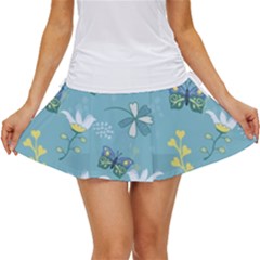 Butterflies Flowers Blue Background Spring Pattern Women s Skort