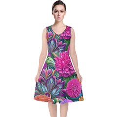 Flowers Nature Spring Blossom Flora Petals Art V-neck Midi Sleeveless Dress 