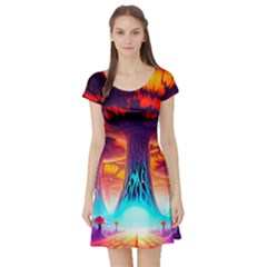 Sci-fi Fantasy Art Painting Colorful Pattern Short Sleeve Skater Dress