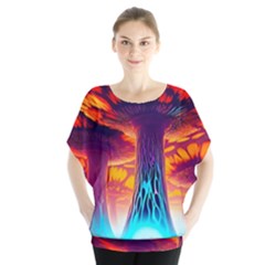 Sci-fi Fantasy Art Painting Colorful Pattern Batwing Chiffon Blouse