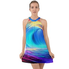 Art Fantasy Painting Colorful Pattern Design Halter Tie Back Chiffon Dress