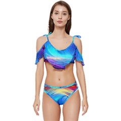 Art Fantasy Painting Colorful Pattern Design Ruffle Edge Tie Up Bikini Set	