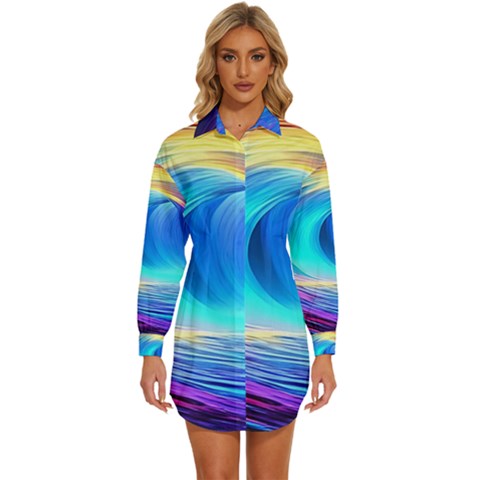 Art Fantasy Painting Colorful Pattern Design Womens Long Sleeve Shirt Dress by Ravend