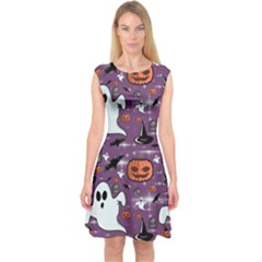 Pumpkin Ghost Witch Hat Halloween Sketch Holiday Capsleeve Midi Dress