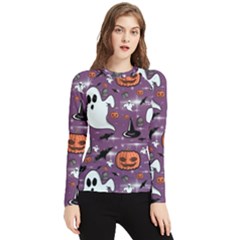 Pumpkin Ghost Witch Hat Halloween Sketch Holiday Women s Long Sleeve Rash Guard by Ravend