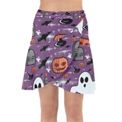 Pumpkin Ghost Witch Hat Halloween Sketch Holiday Wrap Front Skirt by Ravend