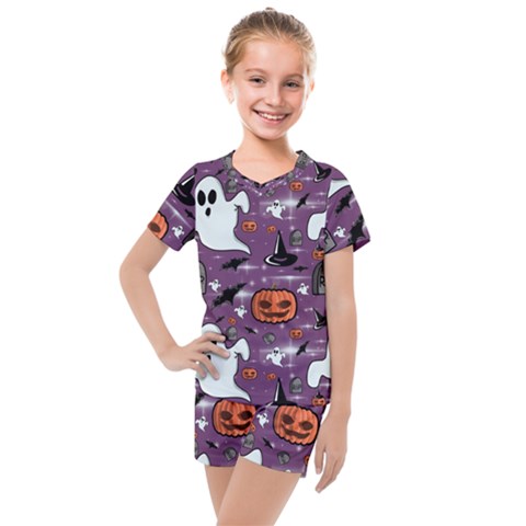 Pumpkin Ghost Witch Hat Halloween Sketch Holiday Kids  Mesh Tee And Shorts Set by Ravend