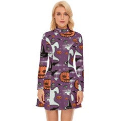 Pumpkin Ghost Witch Hat Halloween Sketch Holiday Long Sleeve Velour Longline Dress by Ravend