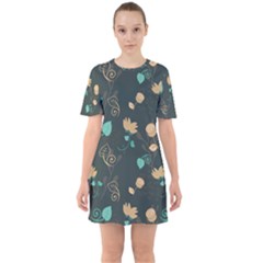 Flowers Leaves Pattern Seamless Green Background Sixties Short Sleeve Mini Dress