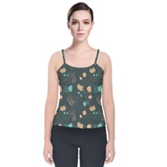 Flowers Leaves Pattern Seamless Green Background Velvet Spaghetti Strap Top