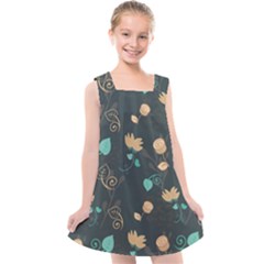 Flowers Leaves Pattern Seamless Green Background Kids  Cross Back Dress