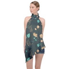 Flowers Leaves Pattern Seamless Green Background Halter Asymmetric Satin Top by Ravend