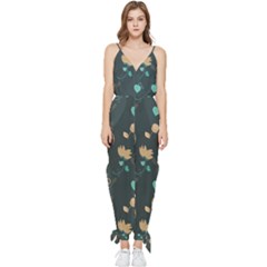 Flowers Leaves Pattern Seamless Green Background Sleeveless Tie Ankle Chiffon Jumpsuit by Ravend