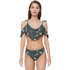 Flowers Leaves Pattern Seamless Green Background Ruffle Edge Tie Up Bikini Set	 by Ravend