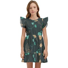 Flowers Leaves Pattern Seamless Green Background Kids  Winged Sleeve Dress