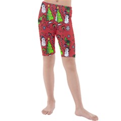 Santa Snowman Gift Holiday Christmas Cartoon Kids  Mid Length Swim Shorts by Ravend