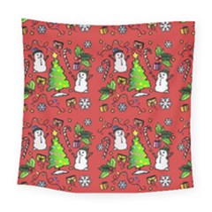 Santa Snowman Gift Holiday Christmas Cartoon Square Tapestry (large)