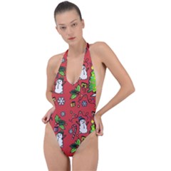 Santa Snowman Gift Holiday Christmas Cartoon Backless Halter One Piece Swimsuit by Ravend
