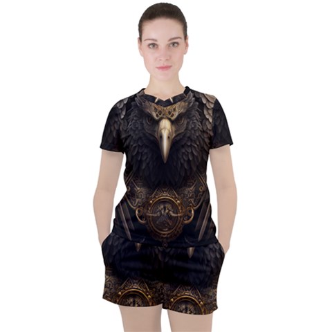 Eagle Ornate Pattern Feather Texture Women s Tee And Shorts Set by Ravend