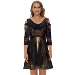 Eagle Ornate Pattern Feather Texture Shoulder Cut Out Zip Up Dress