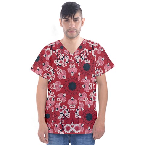 Traditional Cherry Blossom  Men s V-neck Scrub Top by Kiyoshi88