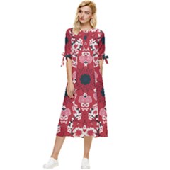 Traditional Cherry Blossom  Bow Sleeve Chiffon Midi Dress