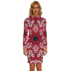 Traditional Cherry Blossom  Long Sleeve Shirt Collar Bodycon Dress