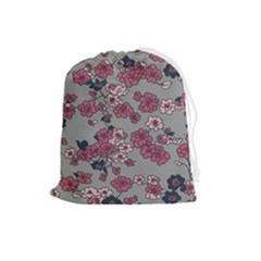 Traditional Cherry Blossom On A Gray Background Drawstring Pouch (large)