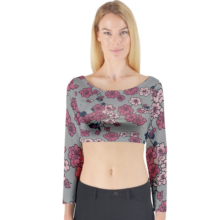 Traditional cherry blossom on a gray background Long Sleeve Crop Top