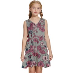 Traditional Cherry Blossom On A Gray Background Kids  Sleeveless Tiered Mini Dress