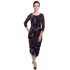 Abstract Pattern Quarter Sleeve Midi Velour Bodycon Dress