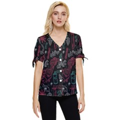 Abstract Pattern Bow Sleeve Button Up Top