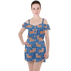 Corgi Patterns Ruffle Cut Out Chiffon Playsuit by Salman4z