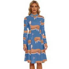 Corgi Patterns Long Sleeve Shirt Collar A-line Dress by Salman4z