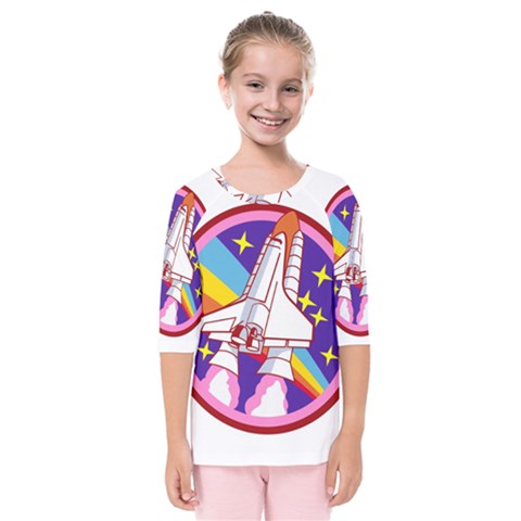 Badge Patch Pink Rainbow Rocket Kids  Quarter Sleeve Raglan Tee by Salman4z