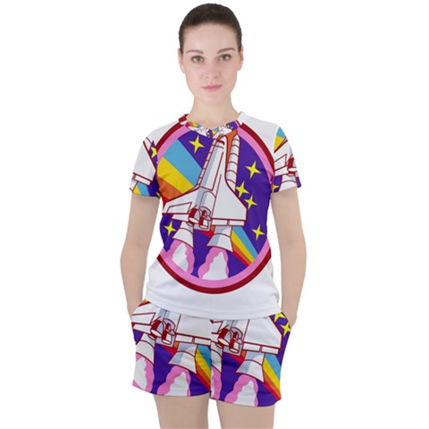 Badge Patch Pink Rainbow Rocket Women s Tee And Shorts Set by Salman4z