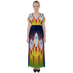 Rocket Take Off Missiles Cosmos High Waist Short Sleeve Maxi Dress