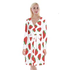 Seamless Pattern Fresh Strawberry Long Sleeve Velvet Front Wrap Dress by Salman4z