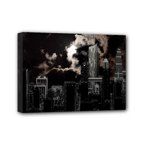 City Night Moon Skyline Skyscraper Mini Canvas 7  X 5  (stretched) by Salman4z