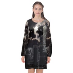 City Night Moon Skyline Skyscraper Long Sleeve Chiffon Shift Dress  by Salman4z