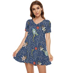 Cat Cosmos Cosmonaut Rocket Tiered Short Sleeve Babydoll Dress by Salman4z