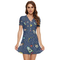 Cat Cosmos Cosmonaut Rocket V-neck High Waist Chiffon Mini Dress by Salman4z